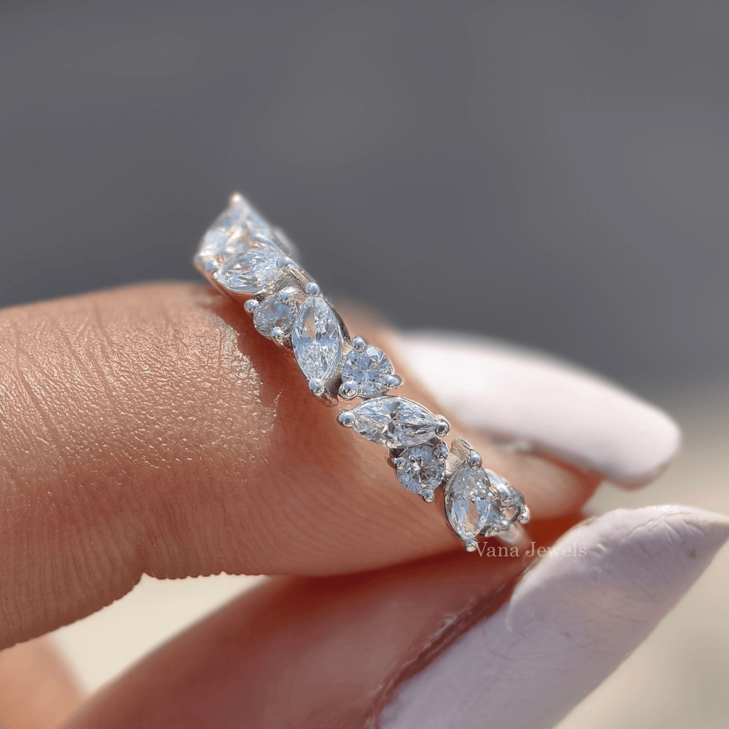 Marquise & Round Cut Moissanite Half Eternity Wedding Band. - Vana Jewels