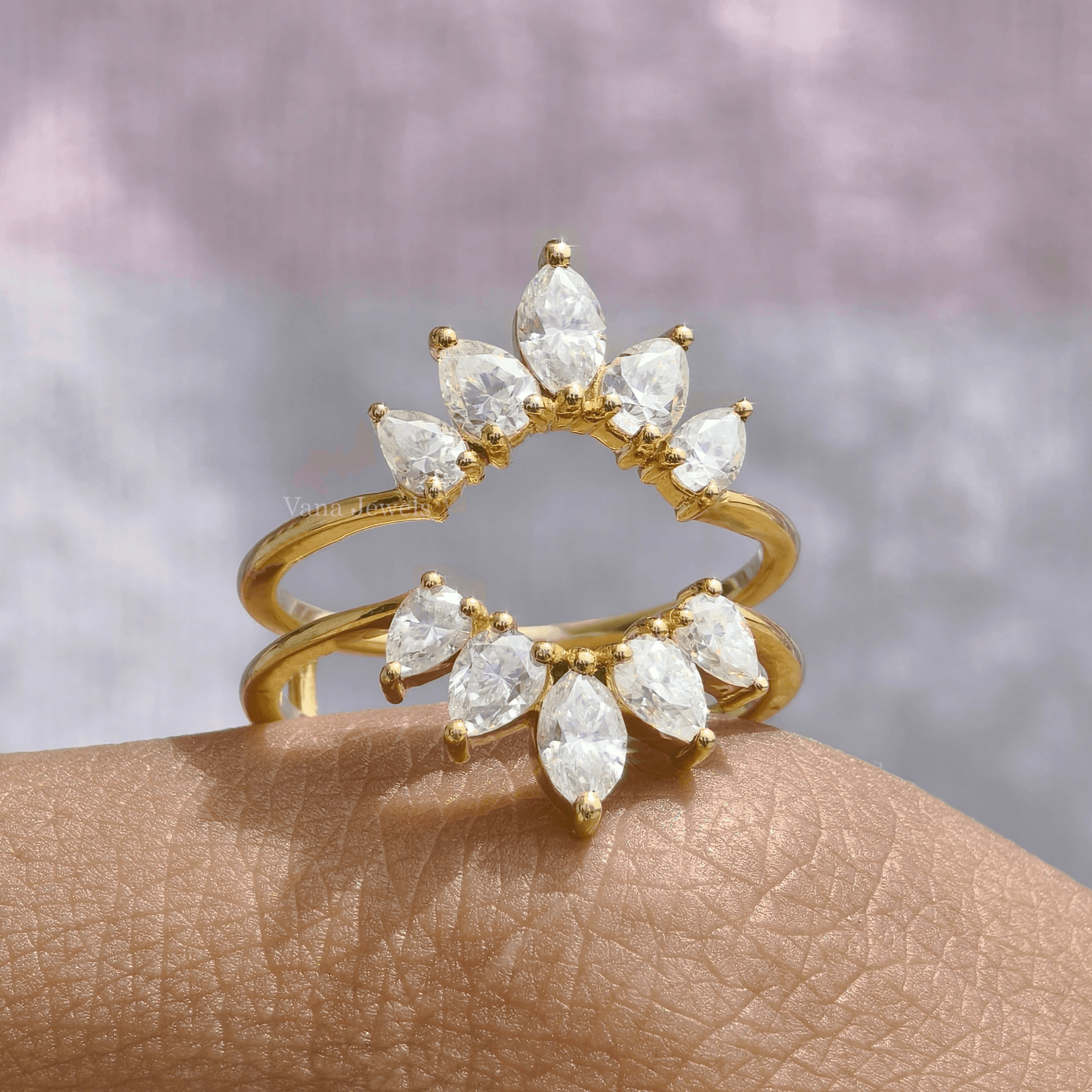 Marquise & Pear Cut Moissanite Protector Band for Round Engagement Ring, Ring Enhancer and Wrap - Vana Jewels