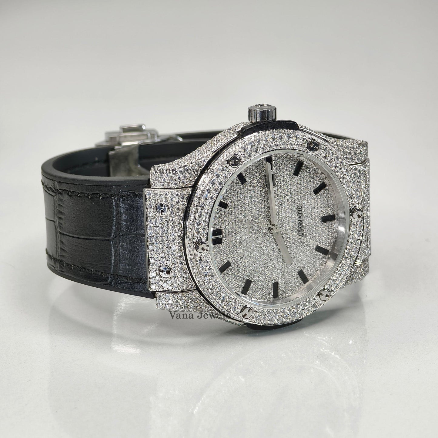 VVS Moissnaite Leather Belt Diamond Watch, Round Cut Diamond - Vana Jewels