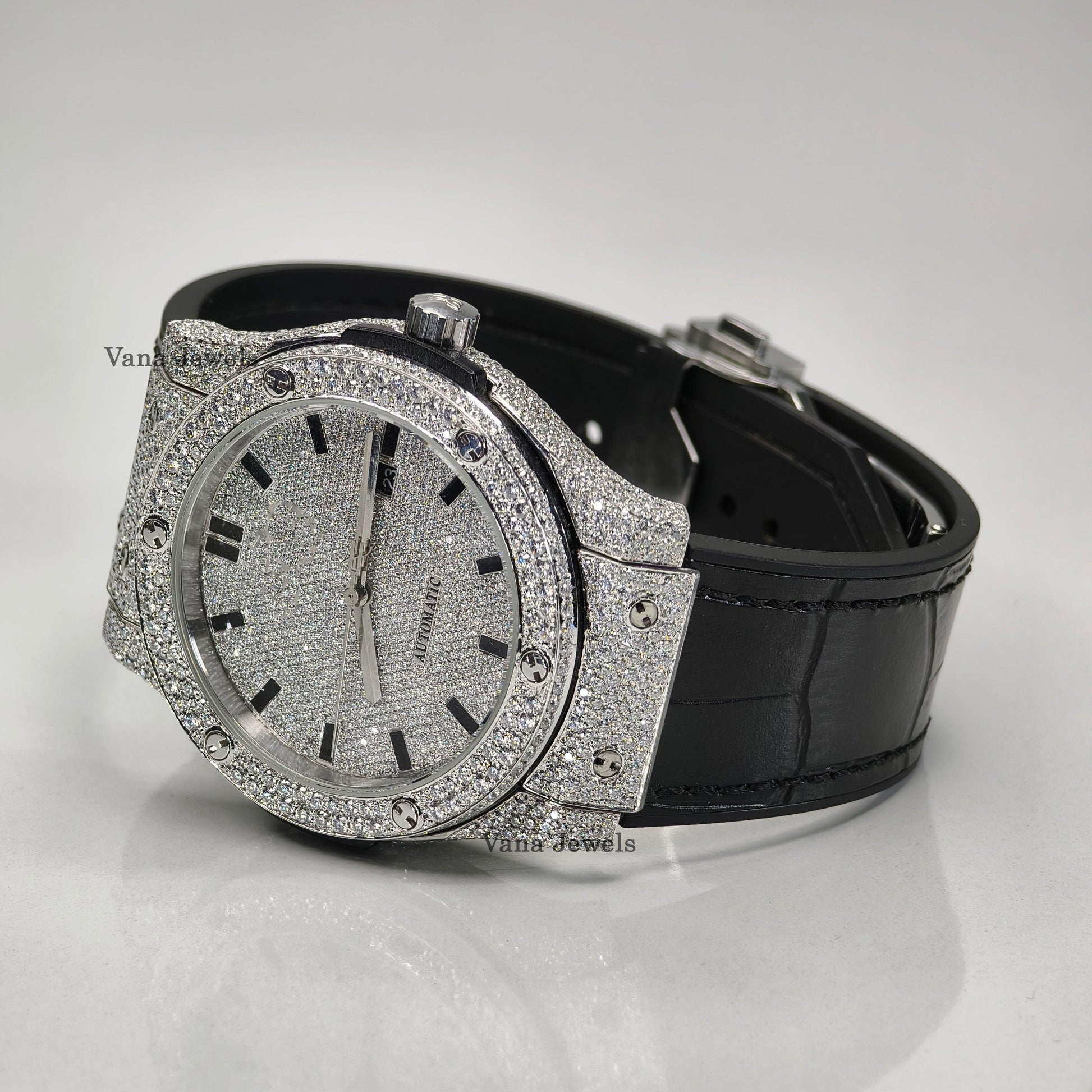 VVS Moissnaite Leather Belt Diamond Watch, Round Cut Diamond - Vana Jewels