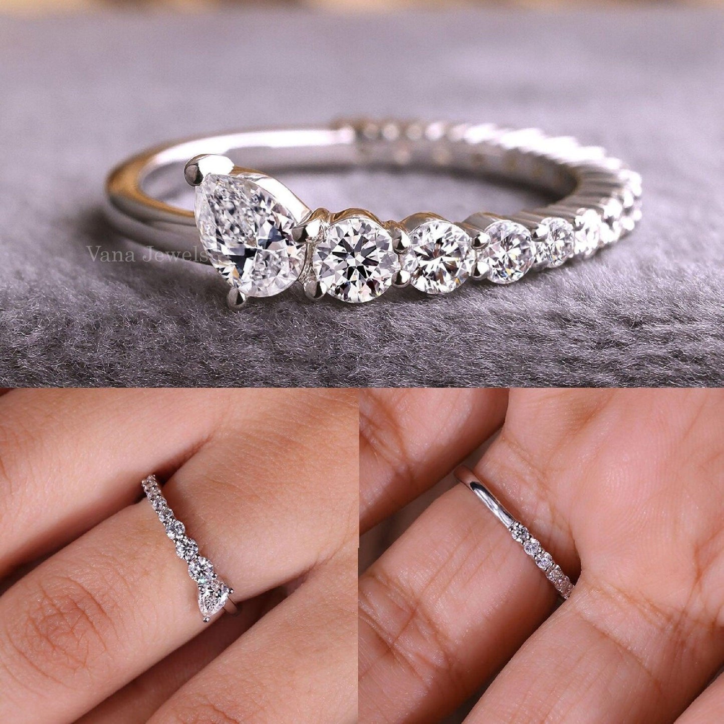 Antique Pear & Round Cut Lab Grown Diamond Wedding Ring - Vana Jewels