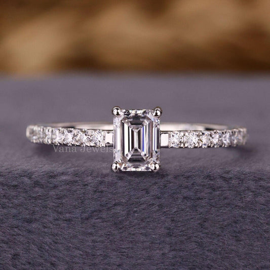 Emerald Cut Lab Grown Diamond Ring, Pave Set Engagement Ring - Vana Jewels