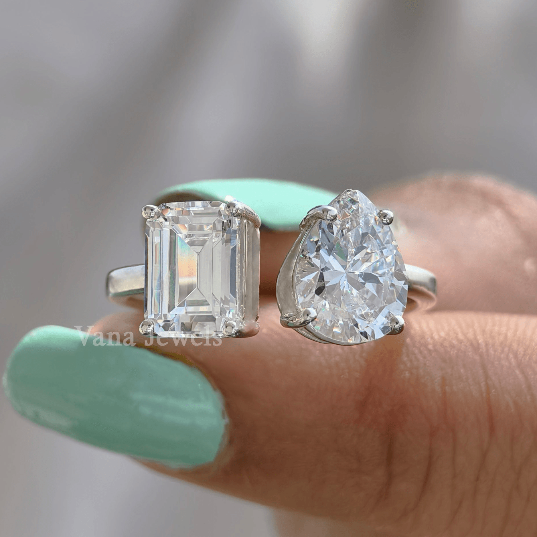 Pear & Emerald Cut Moissanite Two Stone Engagement Ring, Toi Et Moi Ring. - Vana Jewels