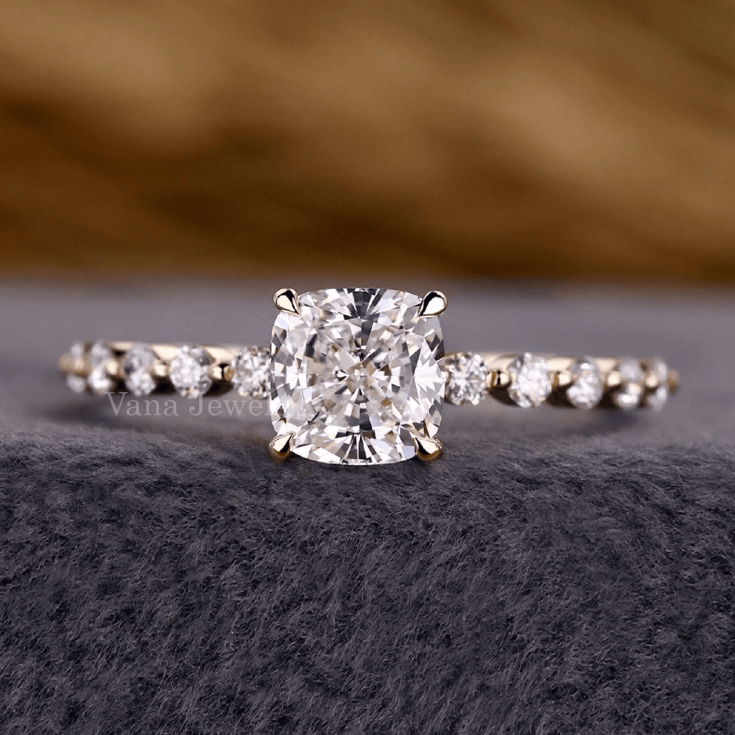 Vintage Style Cushion Cut Lab Grown Engagement Ring with Pave Setting - Vana Jewels