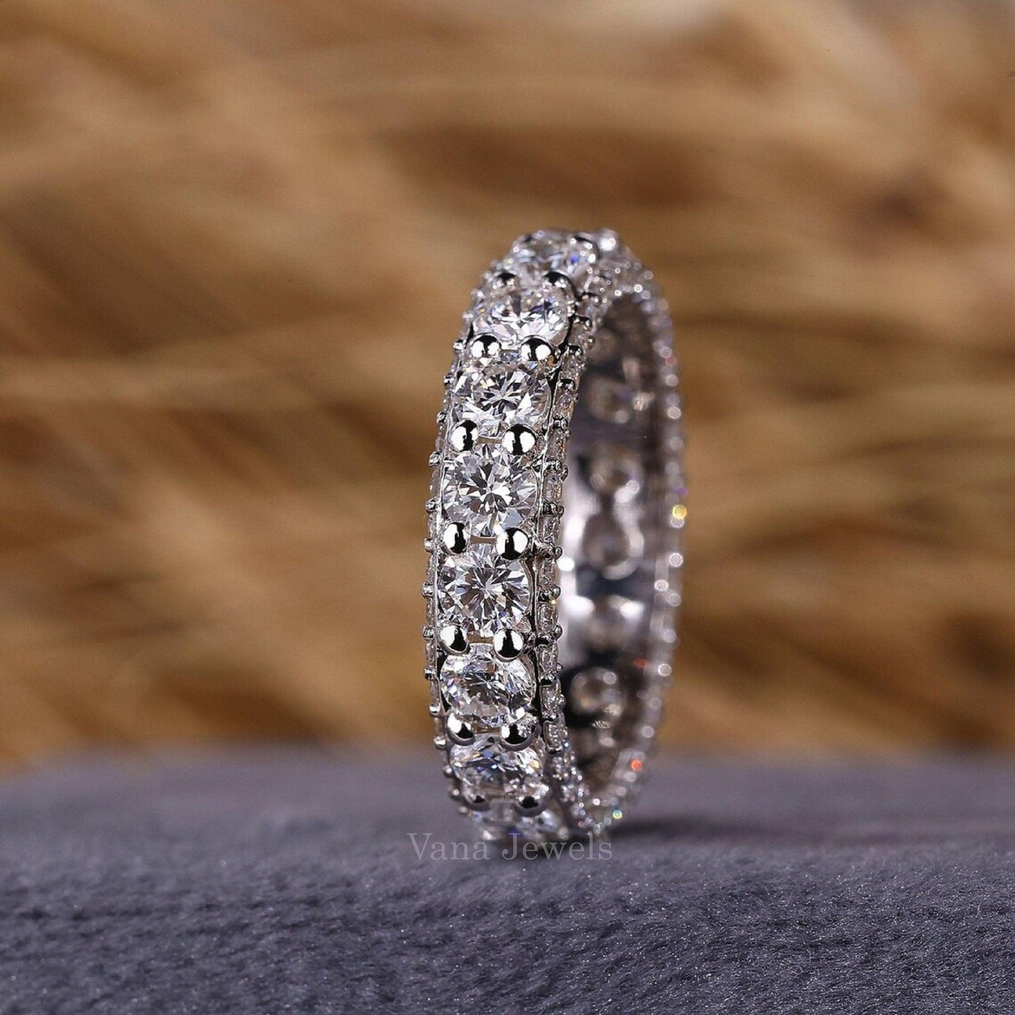 Round Lab Grown Diamond Luxury Wedding Band, Three Side Pave Diamond Band - Vana Jewels