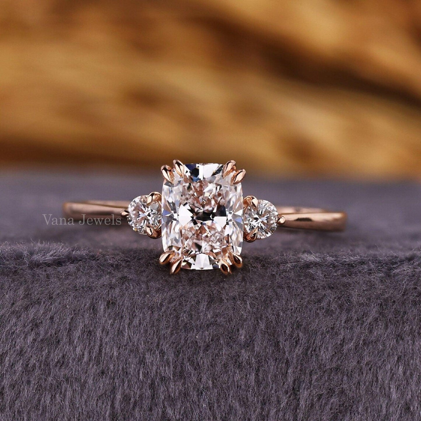 Cushion Cut Lab Created Diamond Three Stones Engagement Ring - Vana Jewels