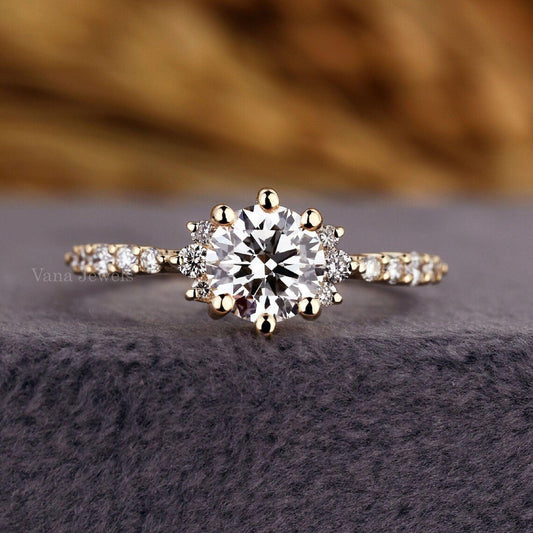 Round Cut Lab Grown Diamond Cluster Engagement Ring - Vana Jewels