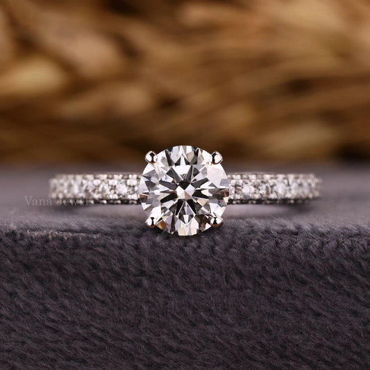 Round Cut Lab-Grown Diamond Hidden Halo Engagement Ring with 3 Side Pave Band - Vana Jewels