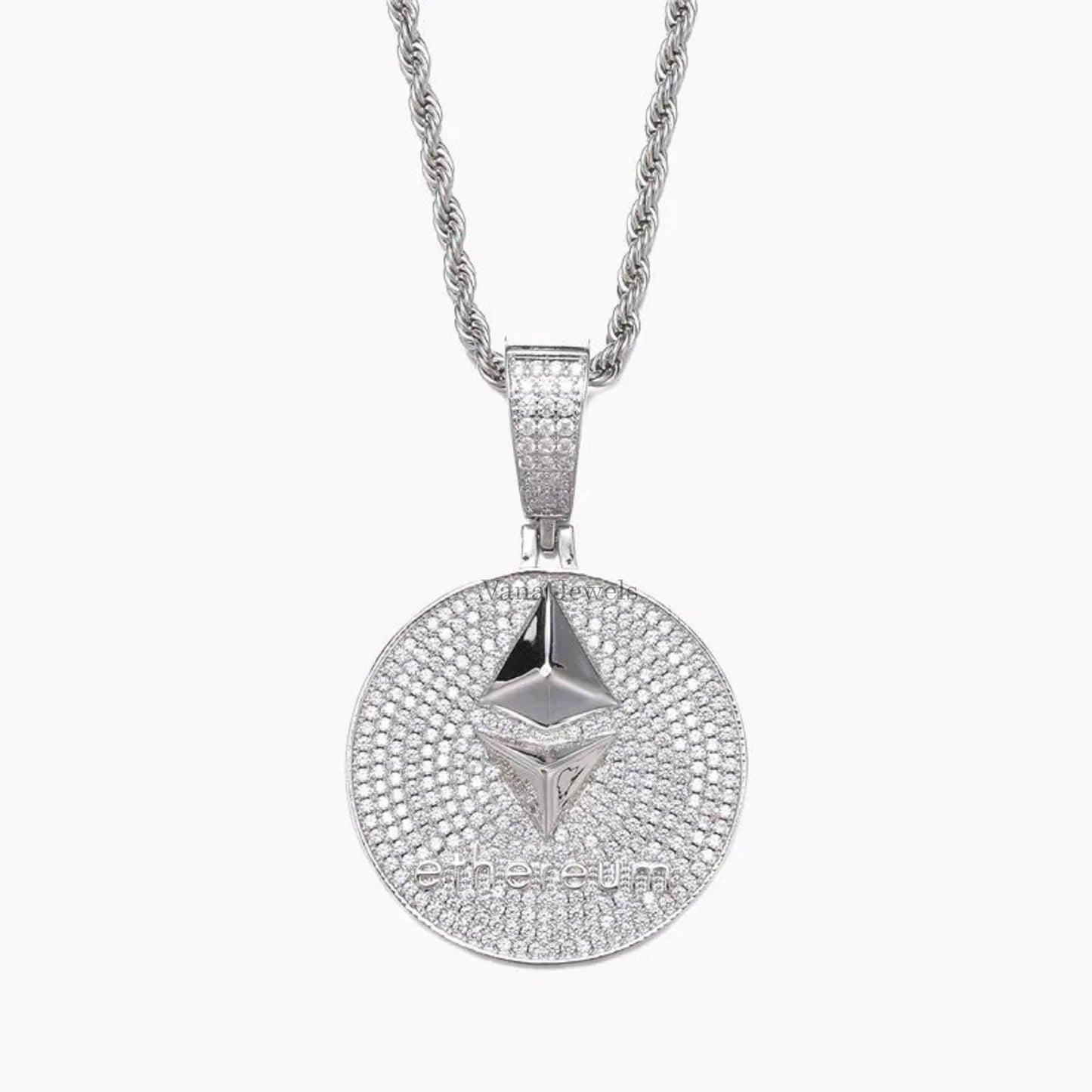 Ethereum Iced Out Pendant, Hip Hop Pendant, 925 Sterling Silver Round Cut Moissanite Pendant - Vana Jewels