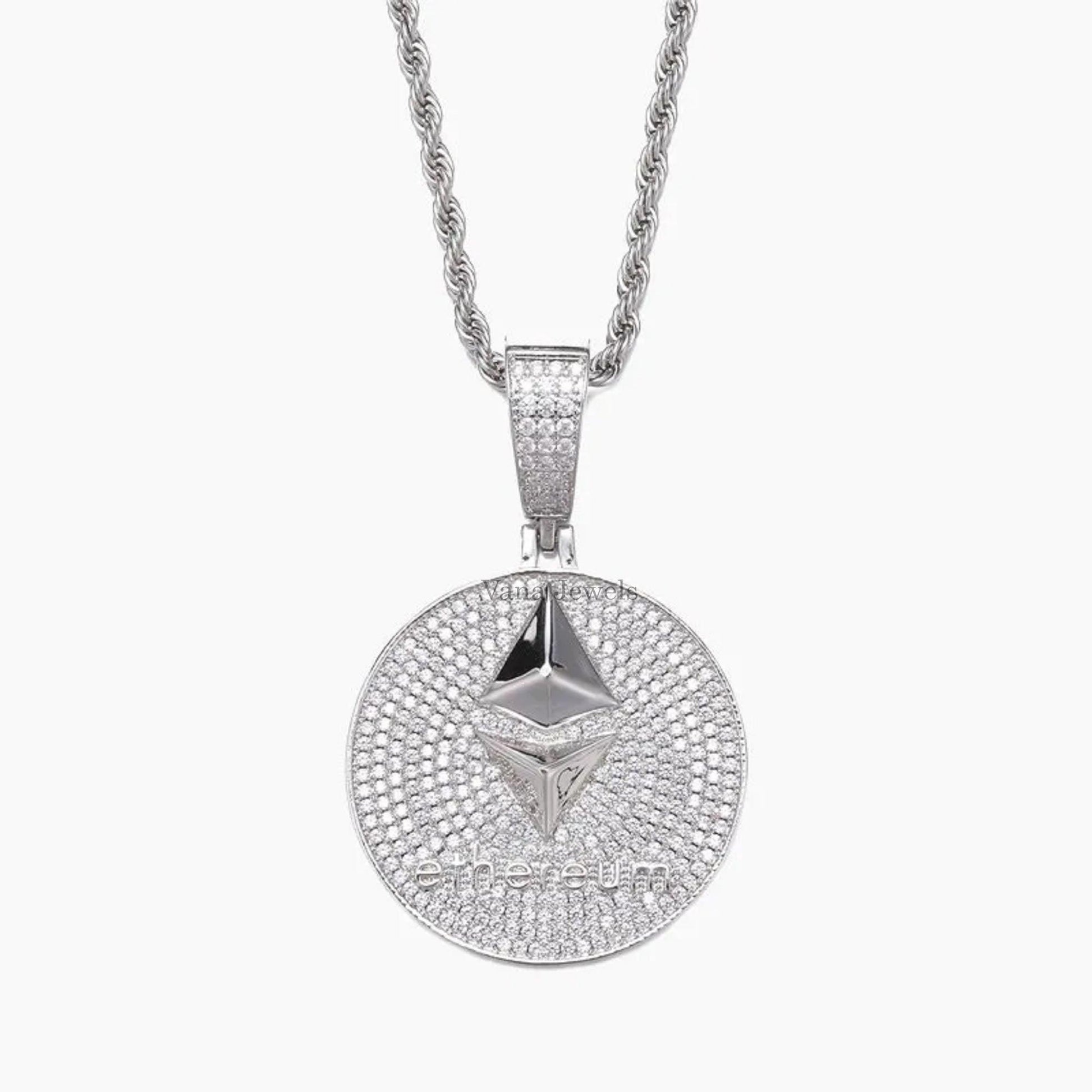 Ethereum Iced Out Pendant, Hip Hop Pendant, 925 Sterling Silver Round Cut Moissanite Pendant - Vana Jewels