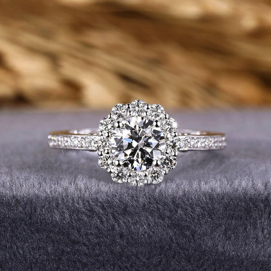 Round Brilliant Diamond Halo Engagement Ring with Pave Setting - Vana Jewels