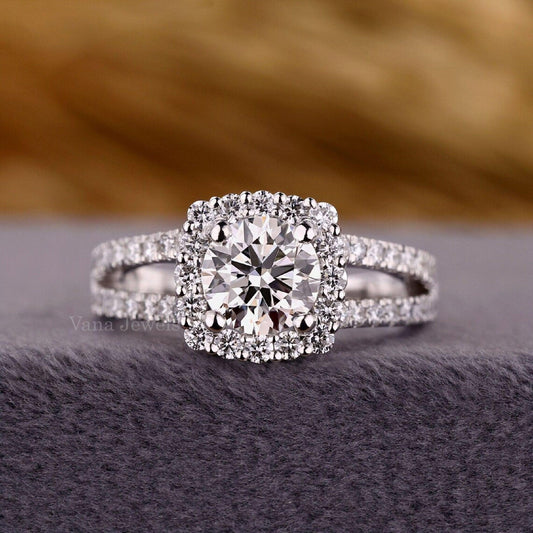 Round Cut Stunning Lab Grown Diamond Halo Engagement Ring - Vana Jewels