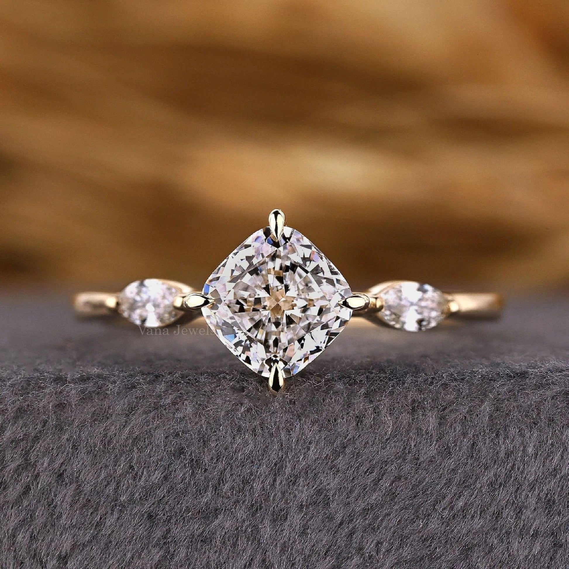 Cushion & Marquise Cut Lab Grown Diamond Ring, Three Stone Engagement Ring - Vana Jewels