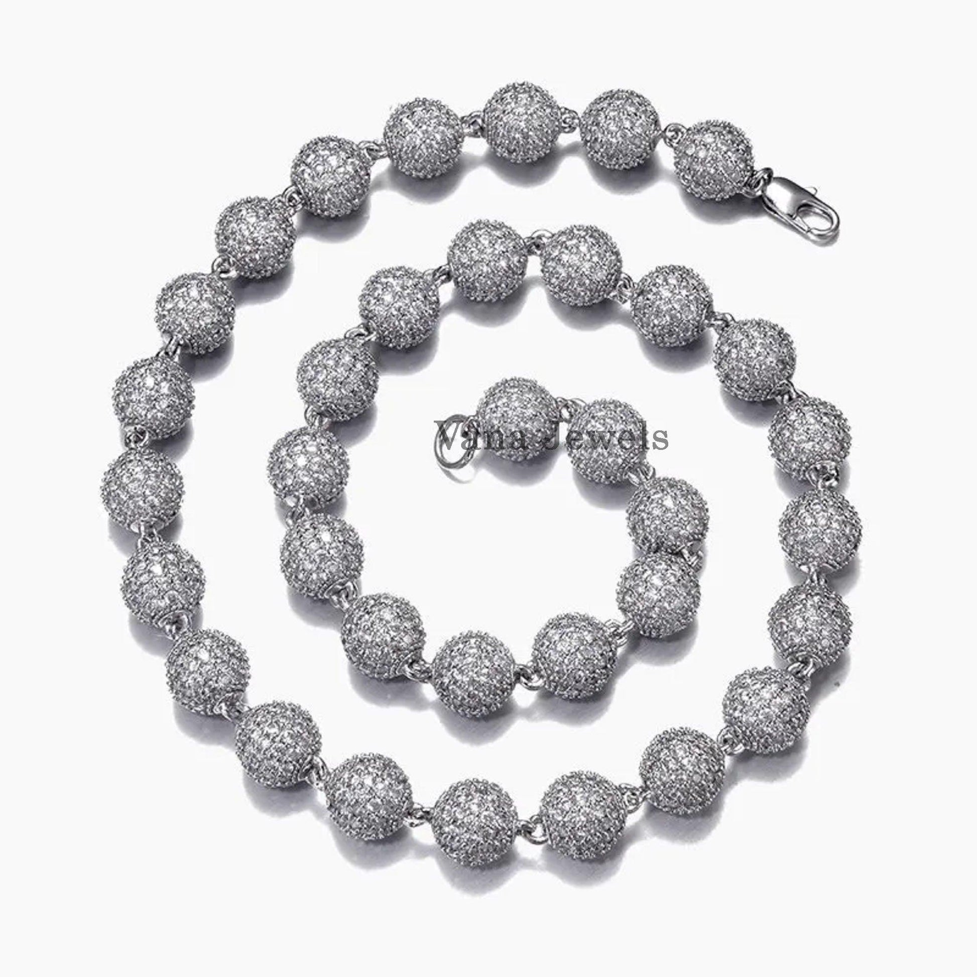 10mm Full Iced-Out Ball Studs Sterling Silver Diamond Cuban Chain - Vana Jewels