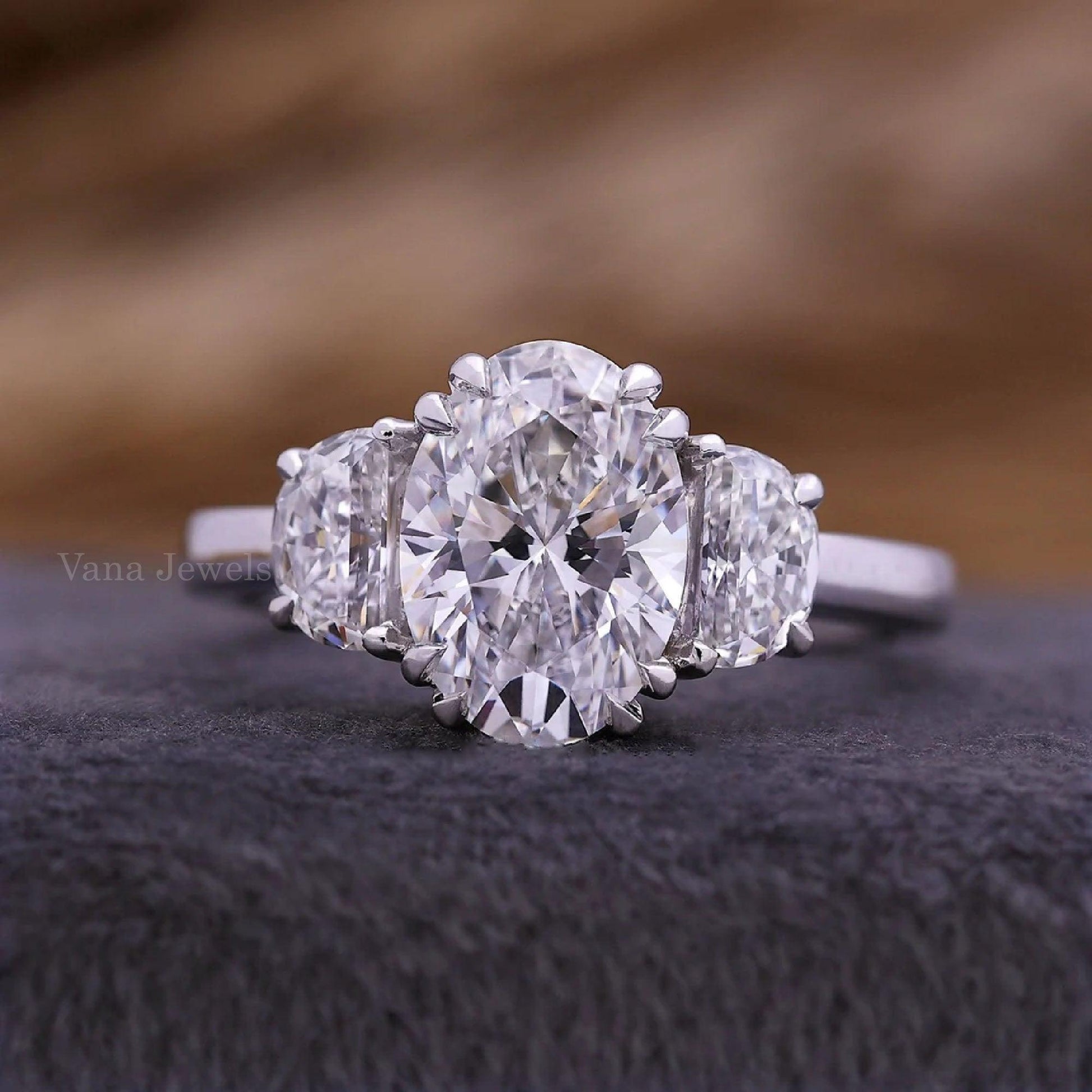 Oval and Half Moon Lab Grown Diamond Three Stone Engagement Ring - Vana Jewels