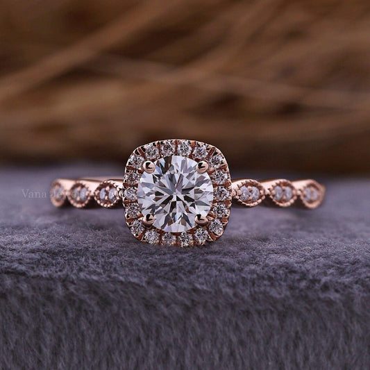 Round Lab Grown Diamond Halo | Pave Engagement Ring - Vana Jewels