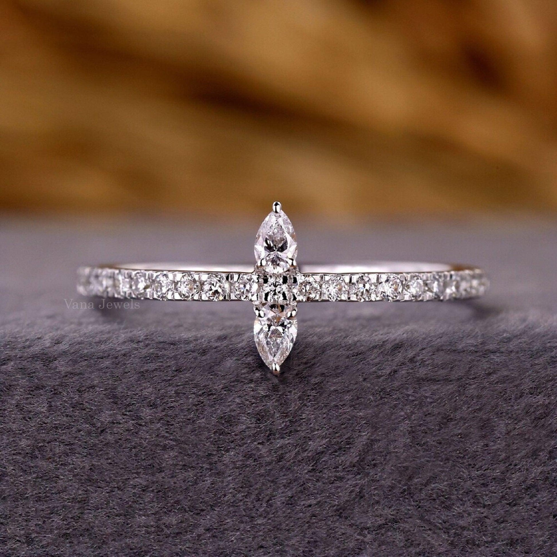 Unique Pear Cut Lab Grown Diamond Two Stone Wedding Band, Small Stacking Band - Vana Jewels