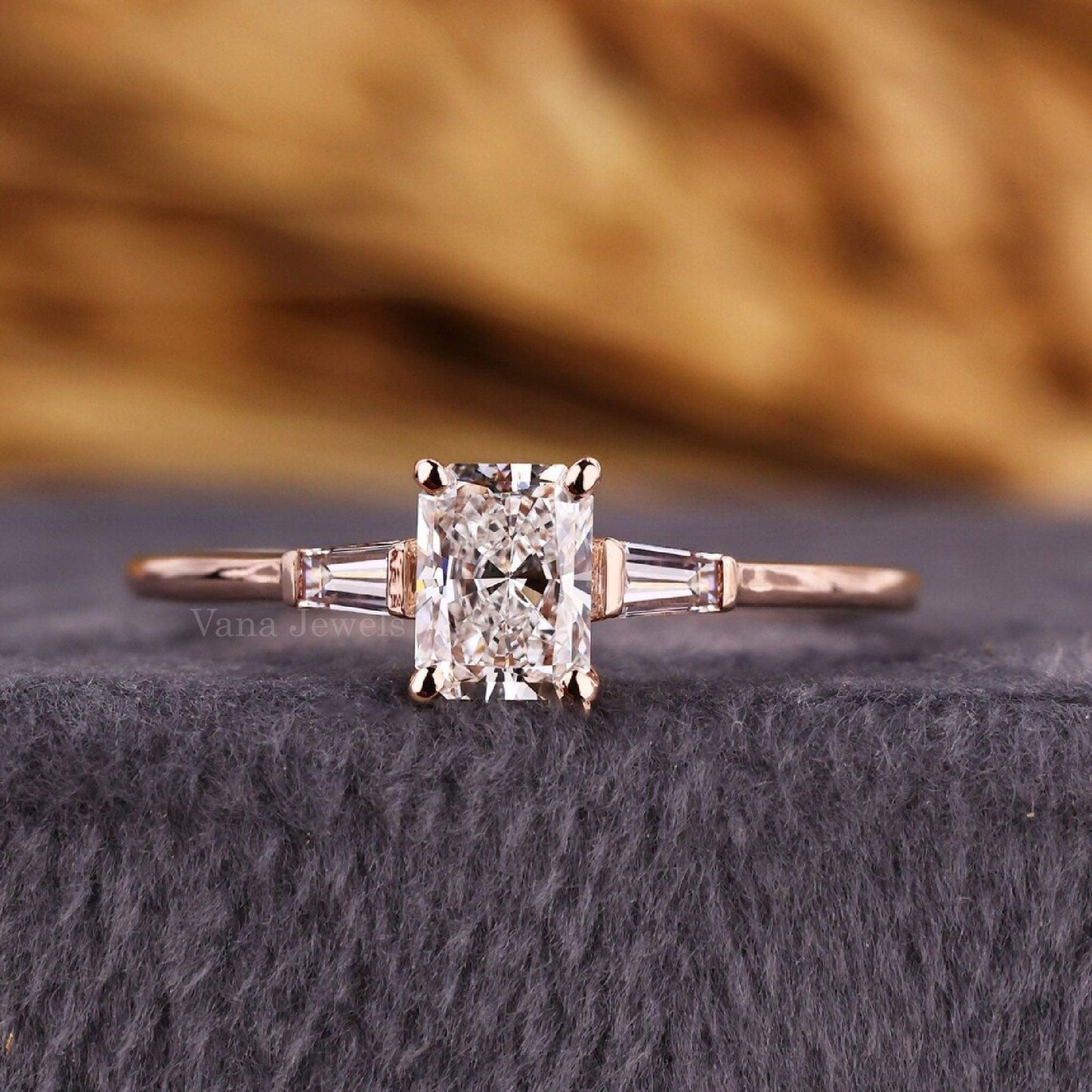 Radiant Cut Lab Grown Diamond Engagement Ring with Baguette Accents in Rose Gold - Vana Jewels