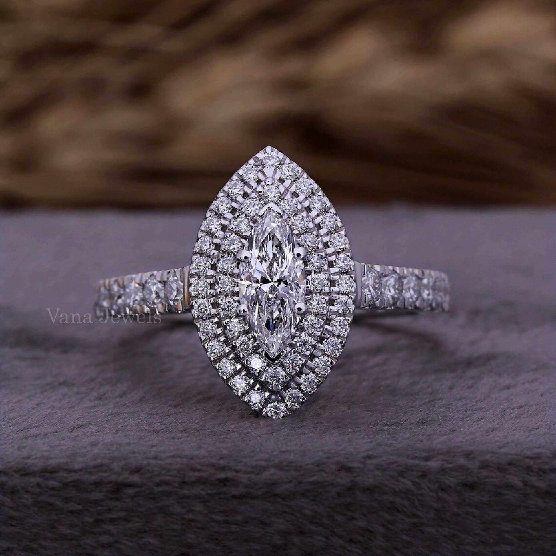 Marquise Cut Lab Grown Diamond Double Halo Engagement Ring - Vana Jewels