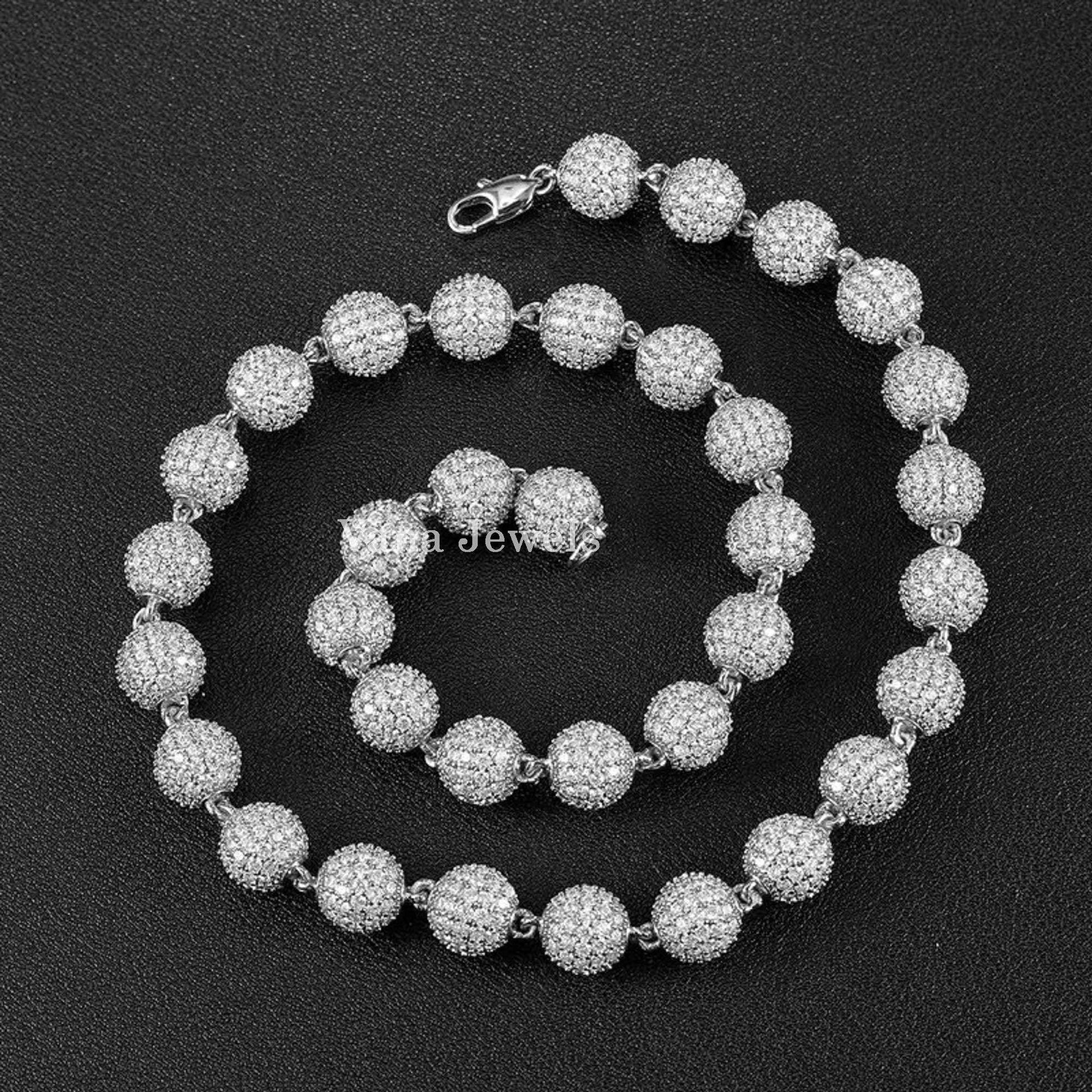 10mm Full Iced-Out Ball Studs Sterling Silver Diamond Cuban Chain - Vana Jewels