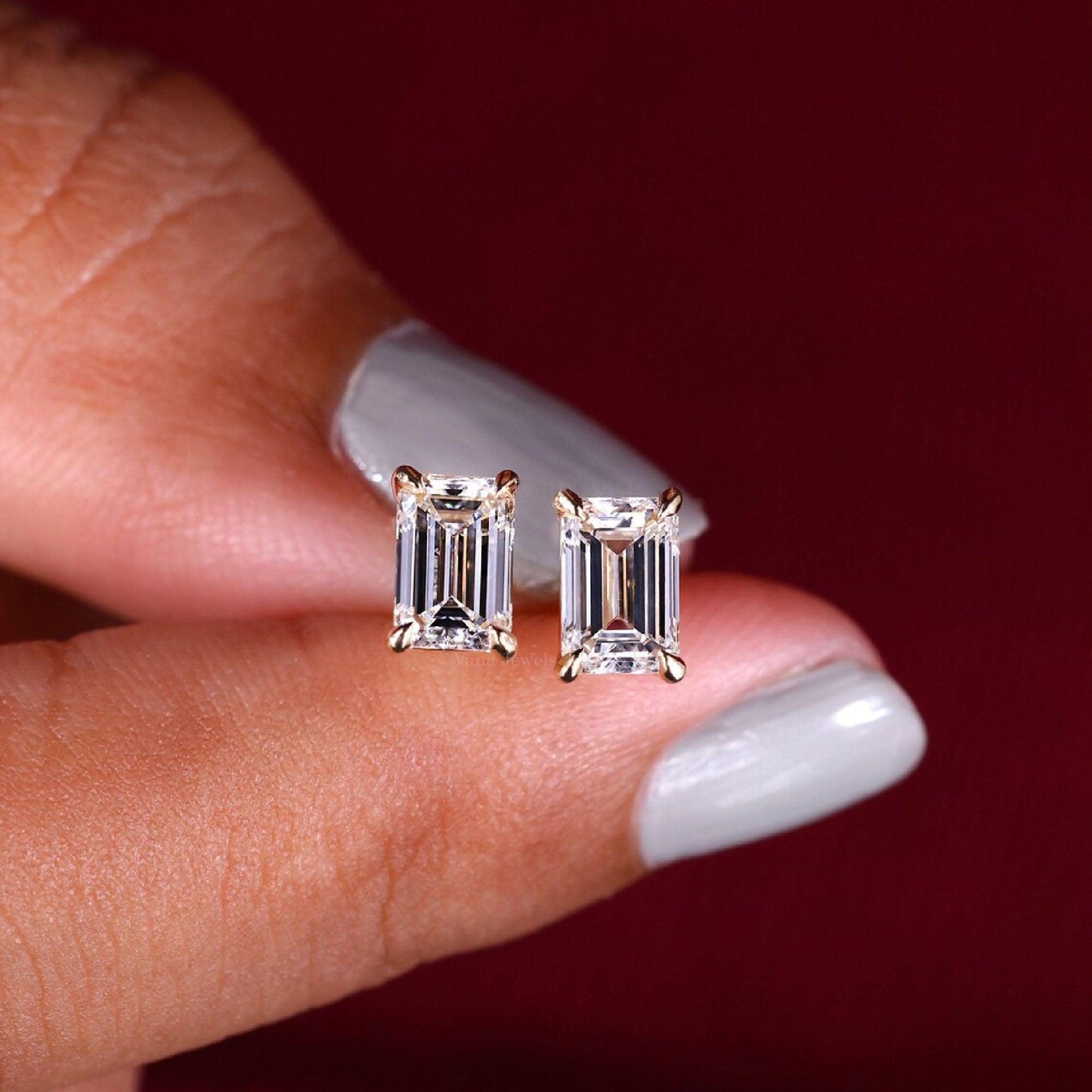 Emerald Step Cut Lab Grown Diamond Stud Earrings - Vana Jewels