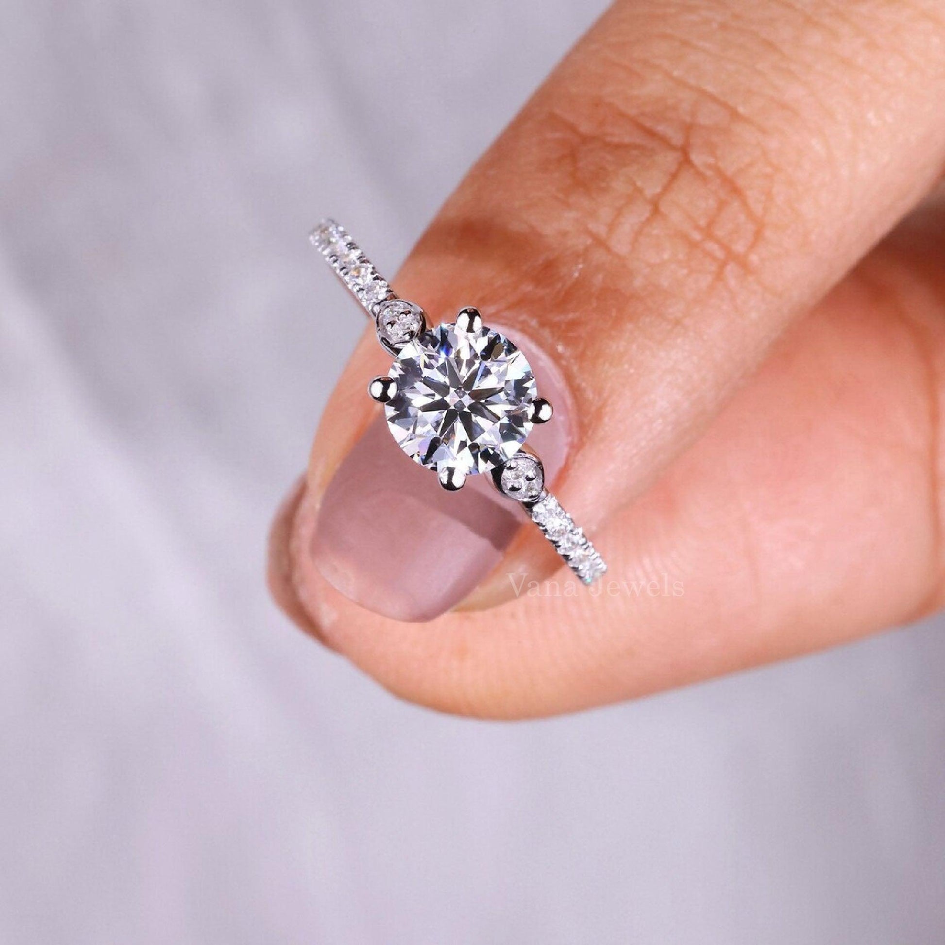 Vintage Style Round Lab Created Diamond Pave Engagement Ring - Vana Jewels