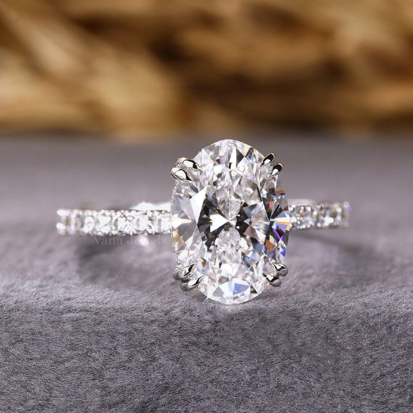 Oval Cut Hidden Halo Engagement Ring, Lab Grown Diamond Ring - Vana Jewels