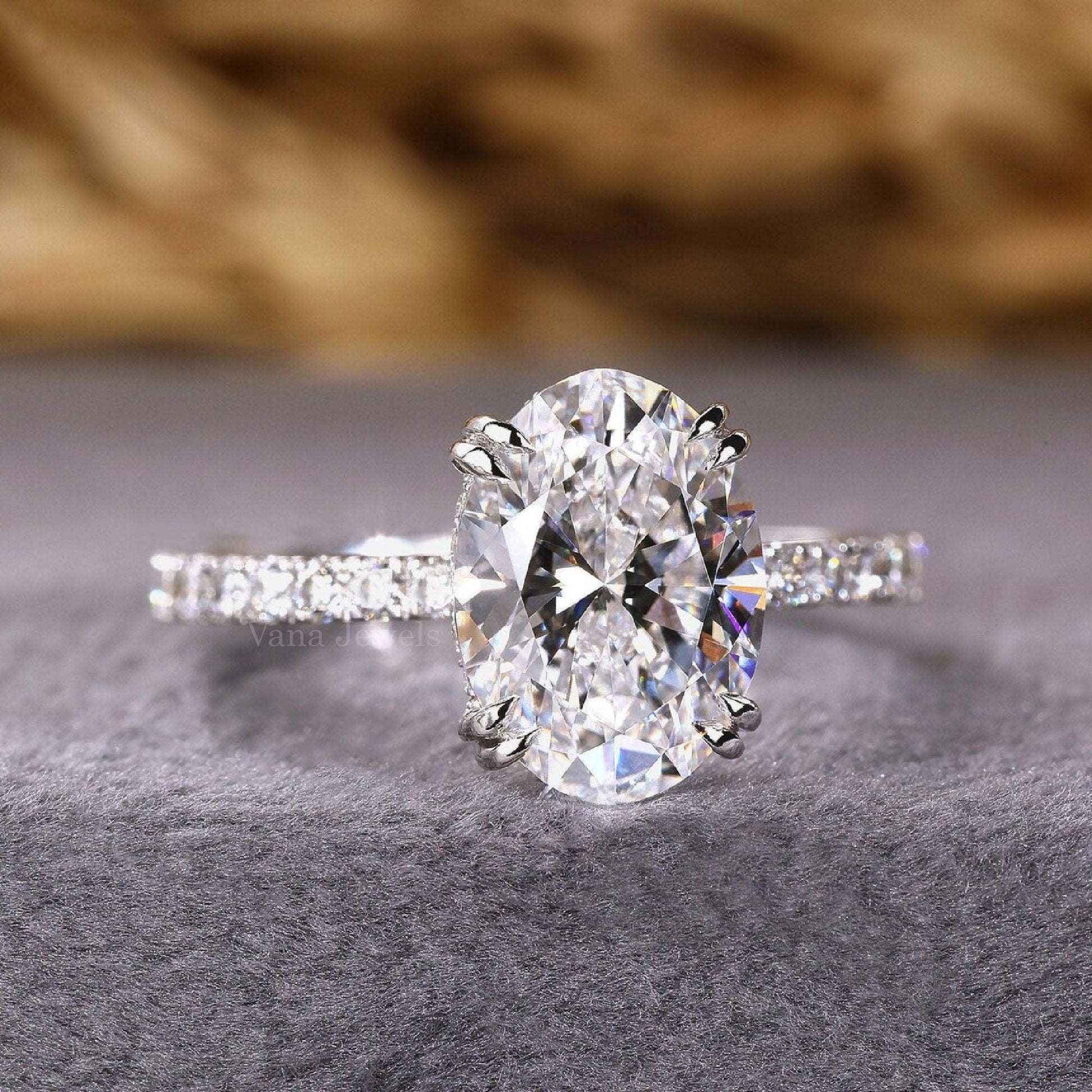 Oval Cut Hidden Halo Engagement Ring, Lab Grown Diamond Ring - Vana Jewels