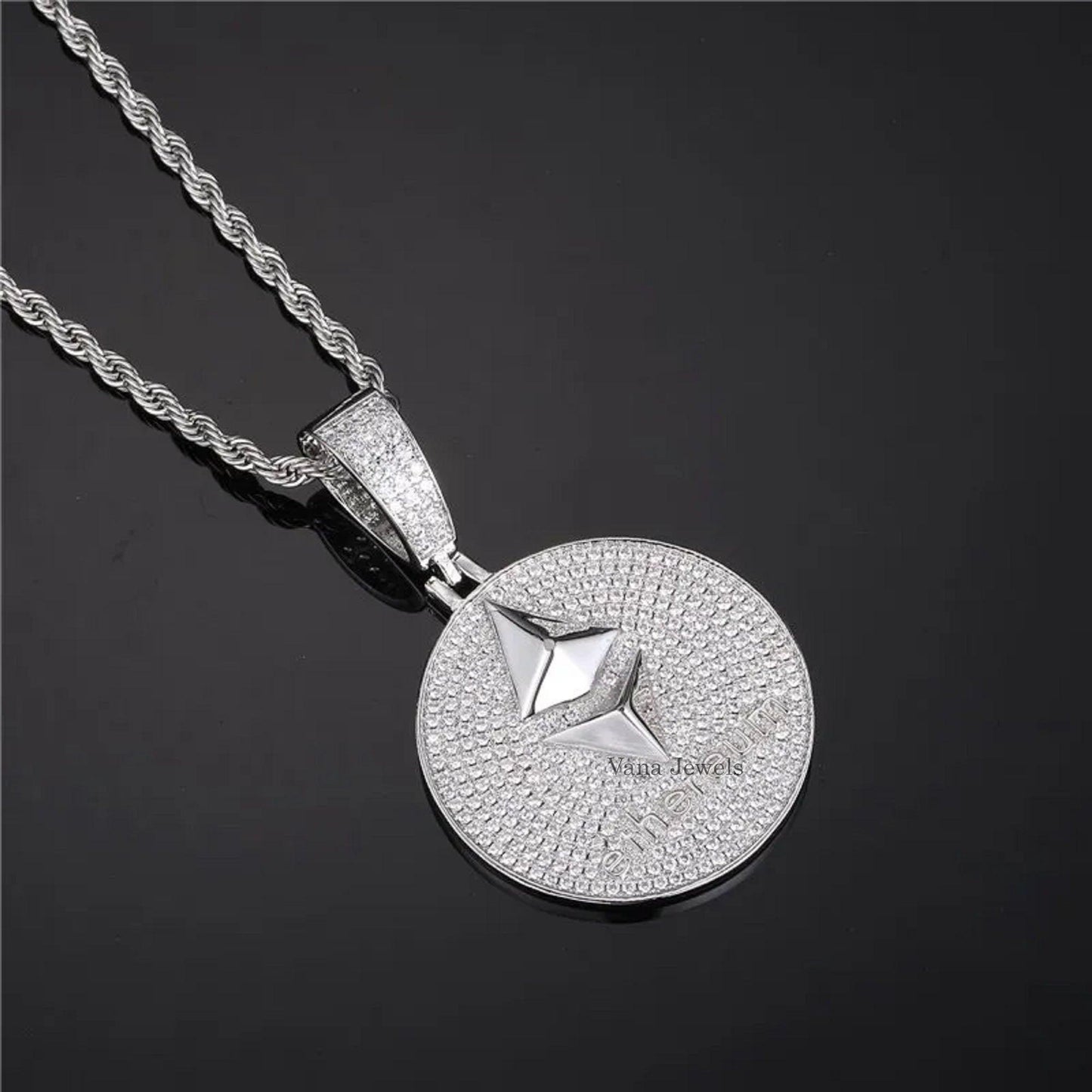 Ethereum Iced Out Pendant, Hip Hop Pendant, 925 Sterling Silver Round Cut Moissanite Pendant - Vana Jewels