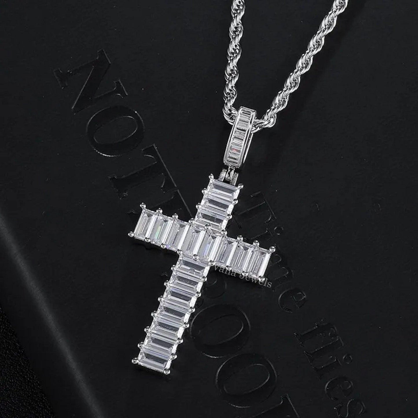 VVS Moissanite Diamond Emerald Cut Iced Out Cross Pendant - Vana Jewels