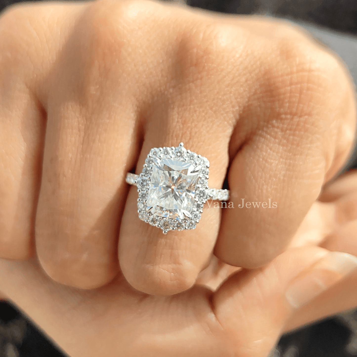 3.85 CT Radiant Cut Moissanite Engagement Ring, Vintage Halo Ring - Vana Jewels