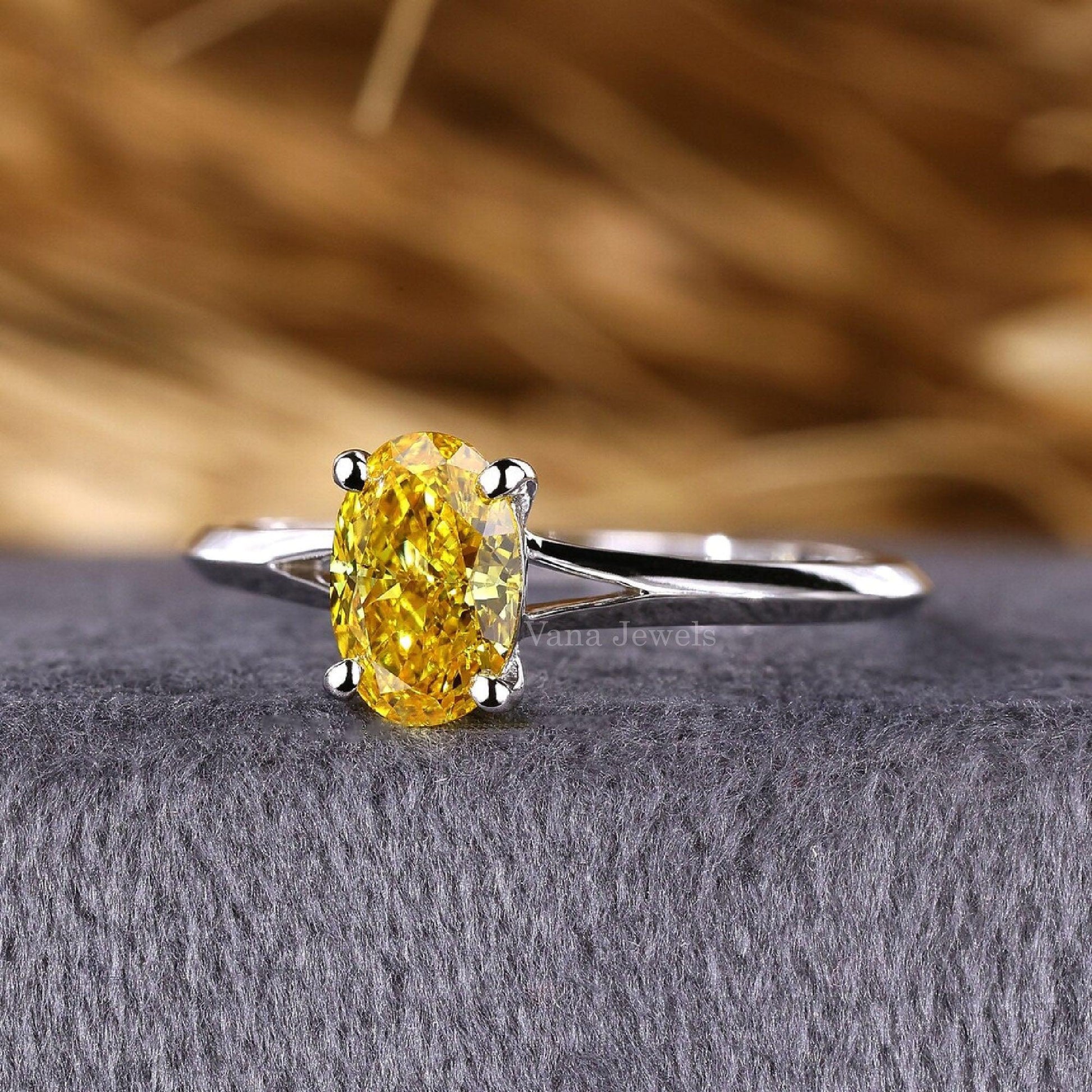 Elegant Yellow Oval Cut Lab Created Diamond Engagement Ring, Knife Edge Ring - Vana Jewels