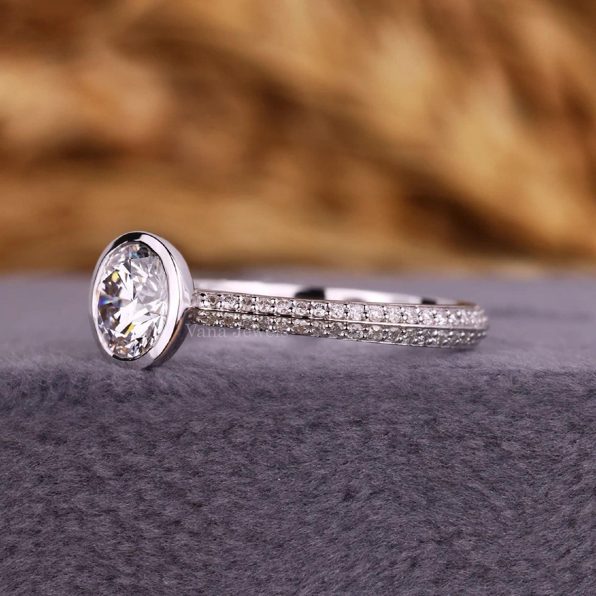 Unique Round Cut Lab Grown Diamond Bezel Set Engagement Ring, Knife Edge Anniversary Ring - Vana Jewels