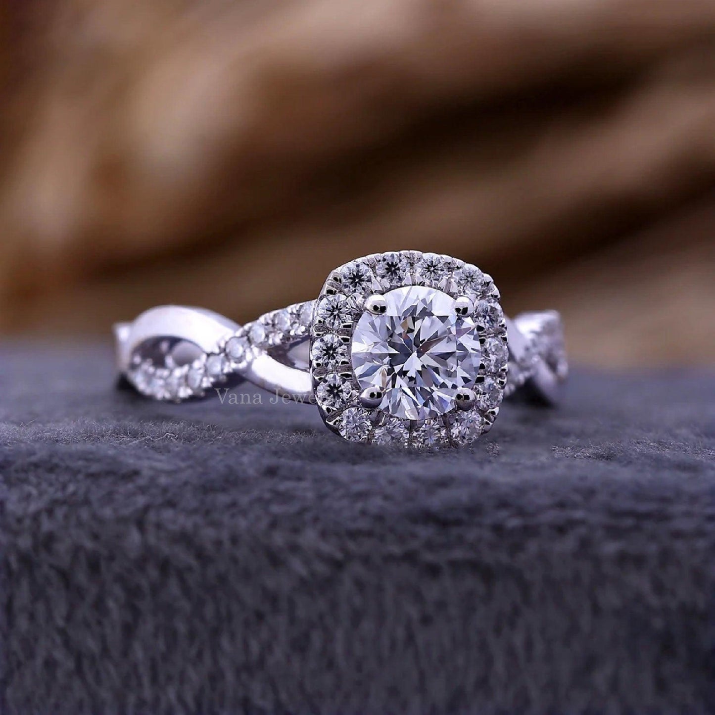 Twisted Pave Shank Round Lab Grown Diamond Halo Engagement Ring - Vana Jewels