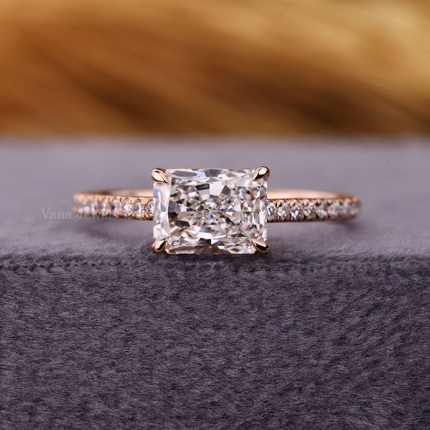 Radiant Cut Lab Grown Diamond Hidden Halo Anniversary Ring, East to West Pave Set Engagement Ring - Vana Jewels