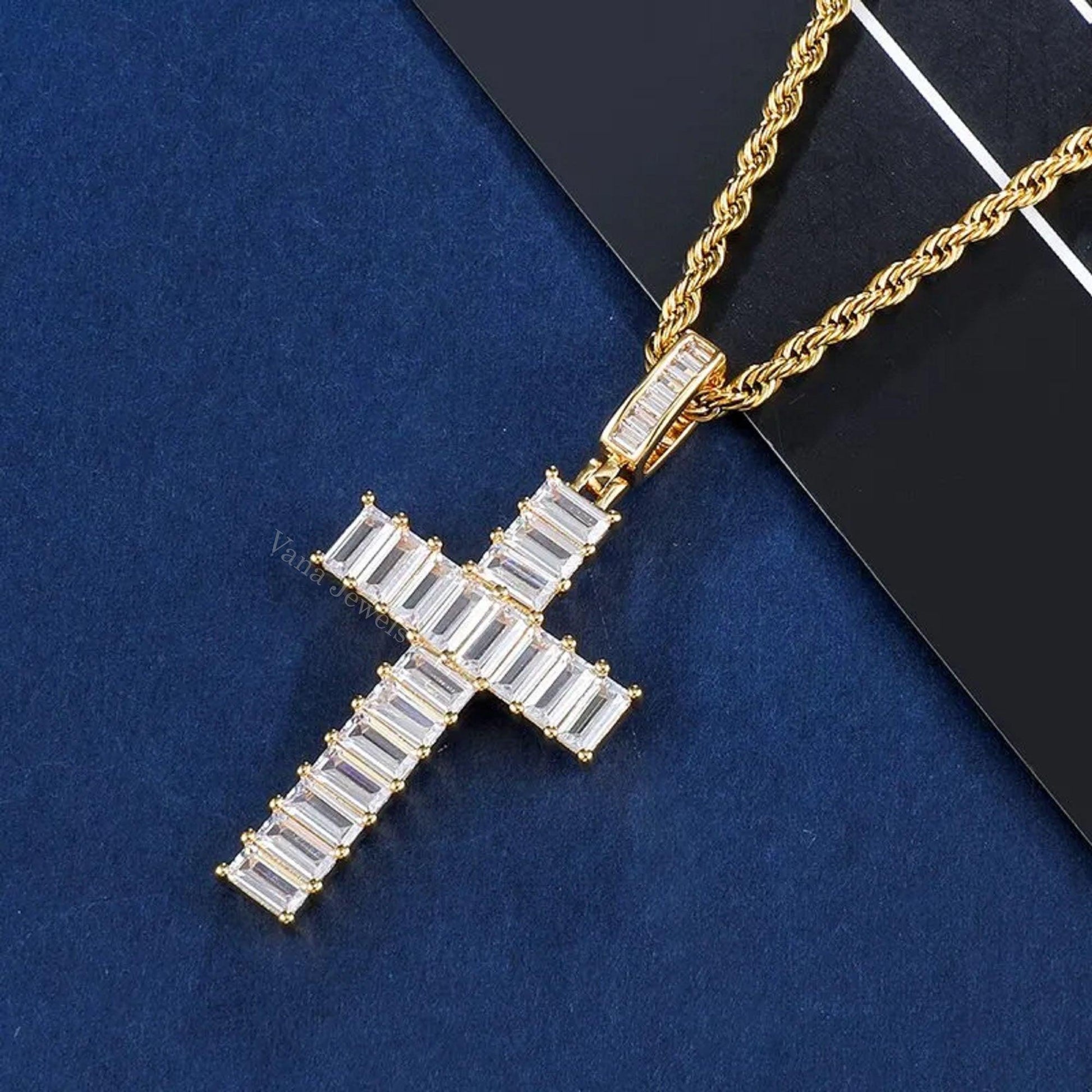 VVS Moissanite Diamond Emerald Cut Iced Out Cross Pendant - Vana Jewels