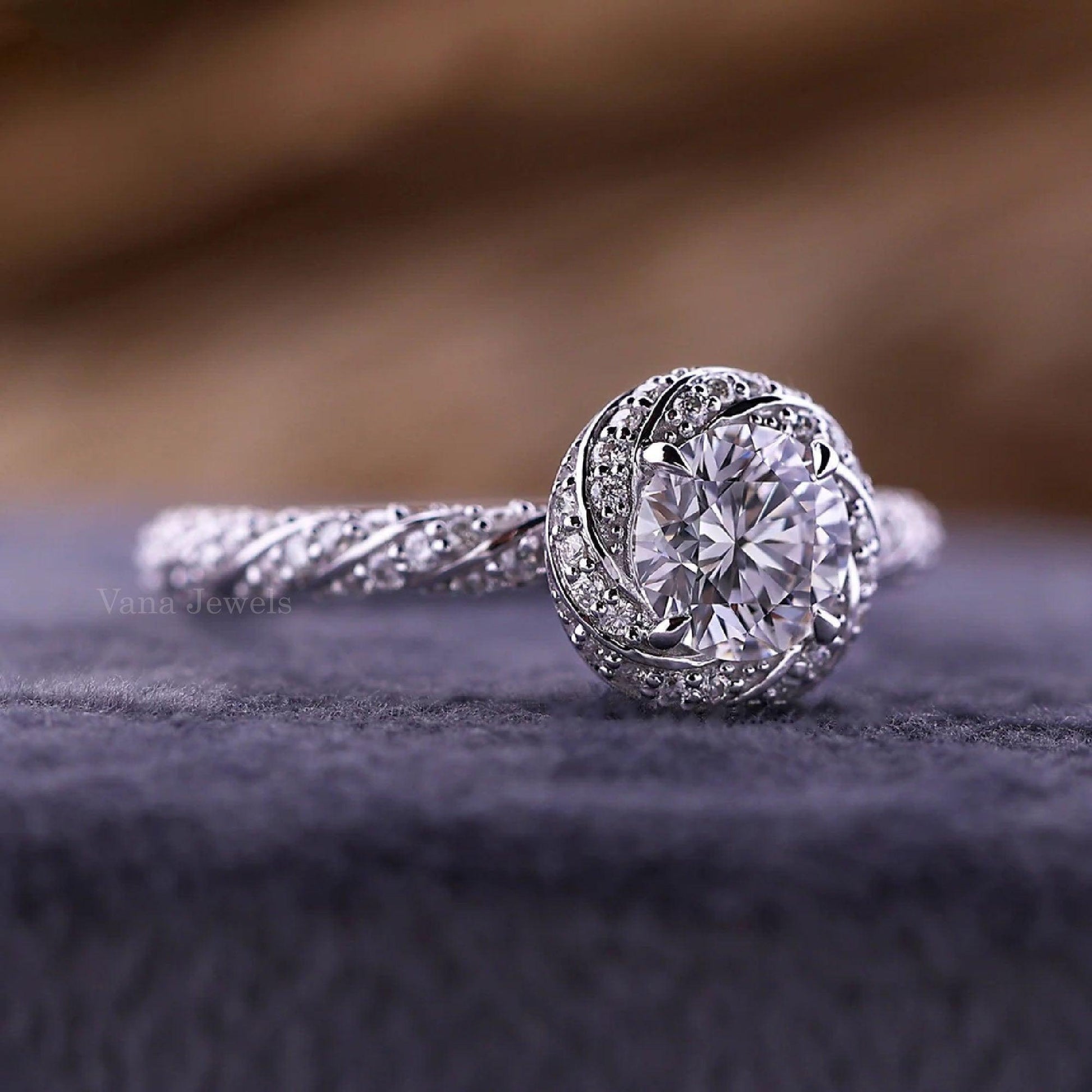 Unique Twisted Round Cut Lab Grown Diamond Halo Engagement Ring - Vana Jewels