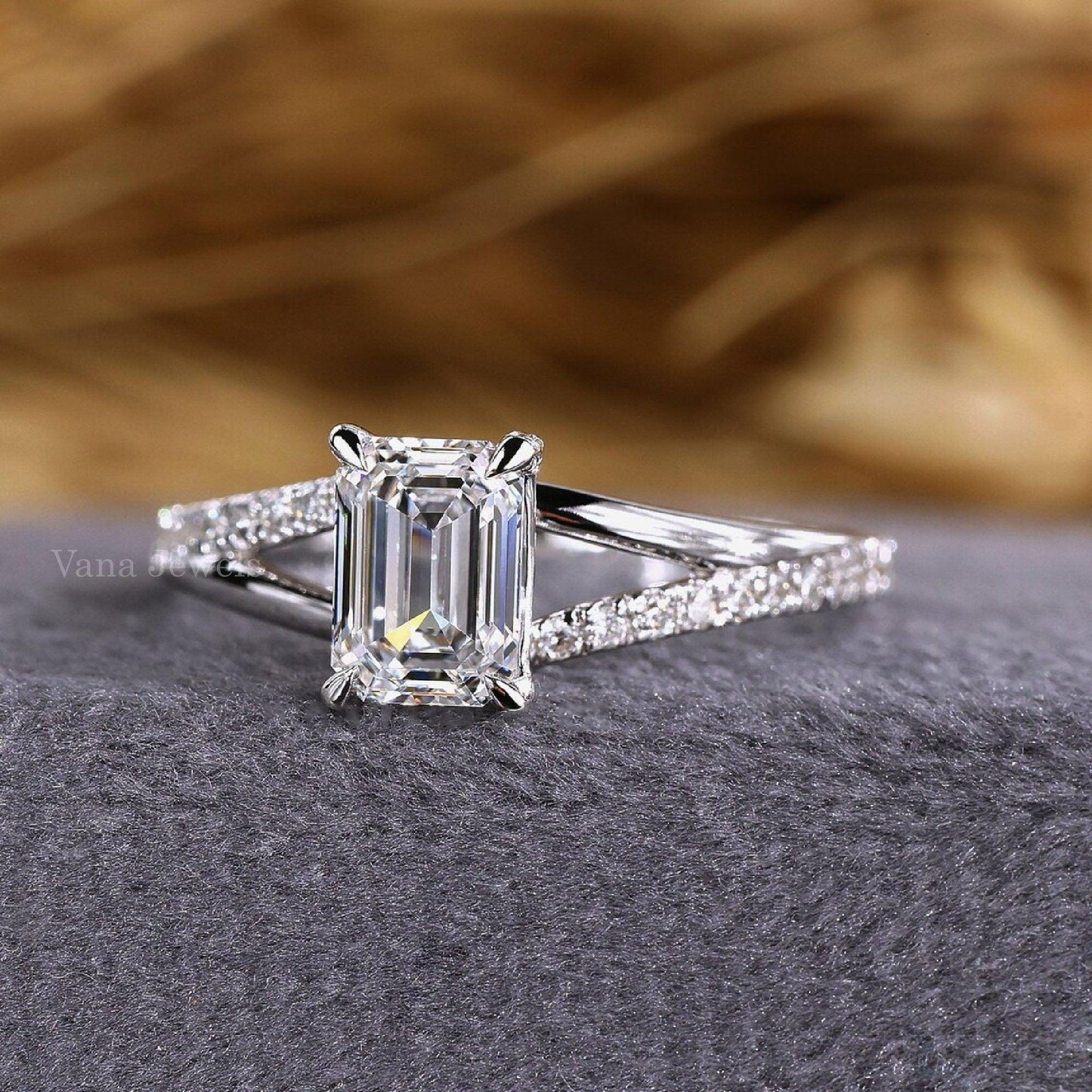 Split Shank Emerald Cut Lab Grown Diamond Engagement Ring - Vana Jewels