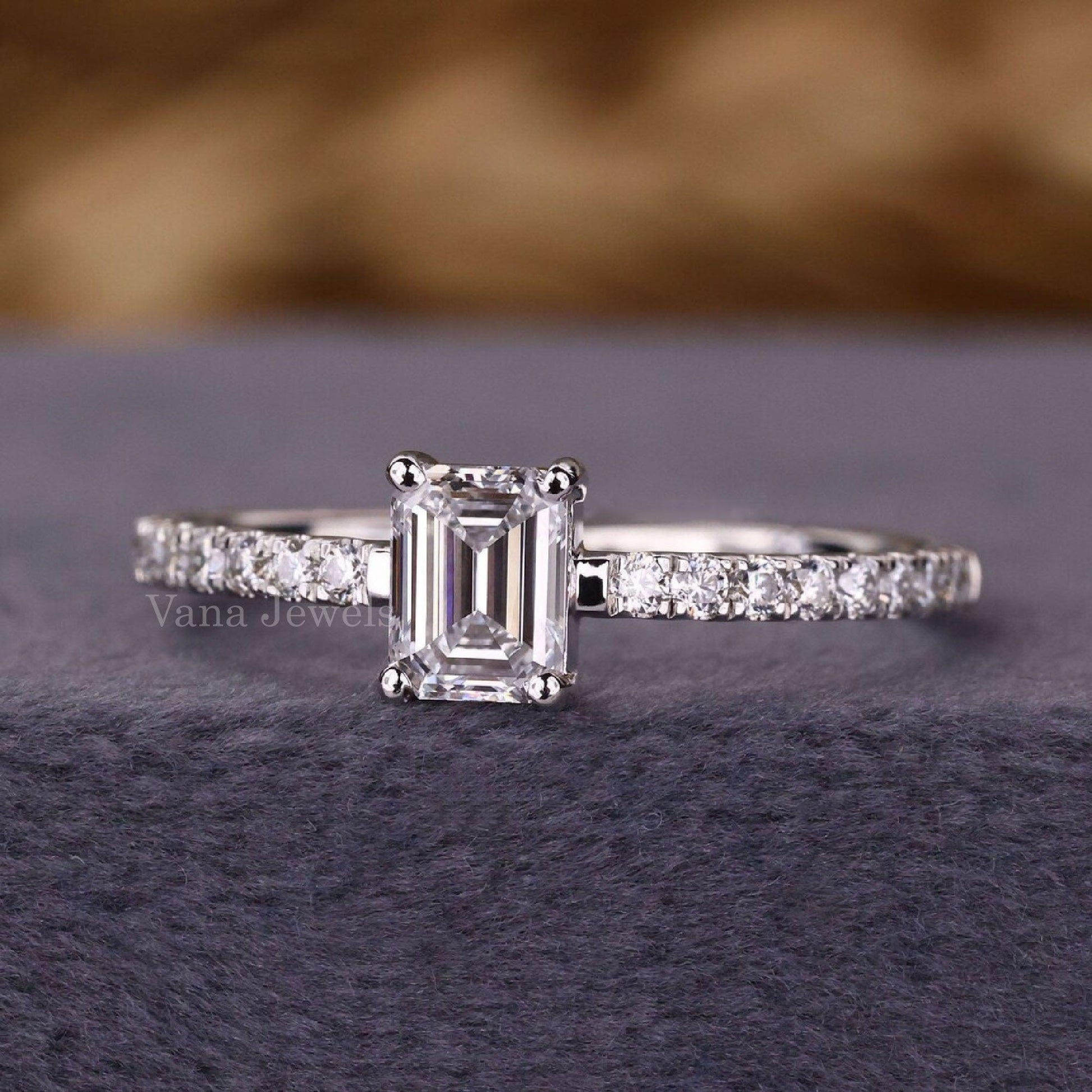 Emerald Cut Lab Grown Diamond Ring, Pave Set Engagement Ring - Vana Jewels