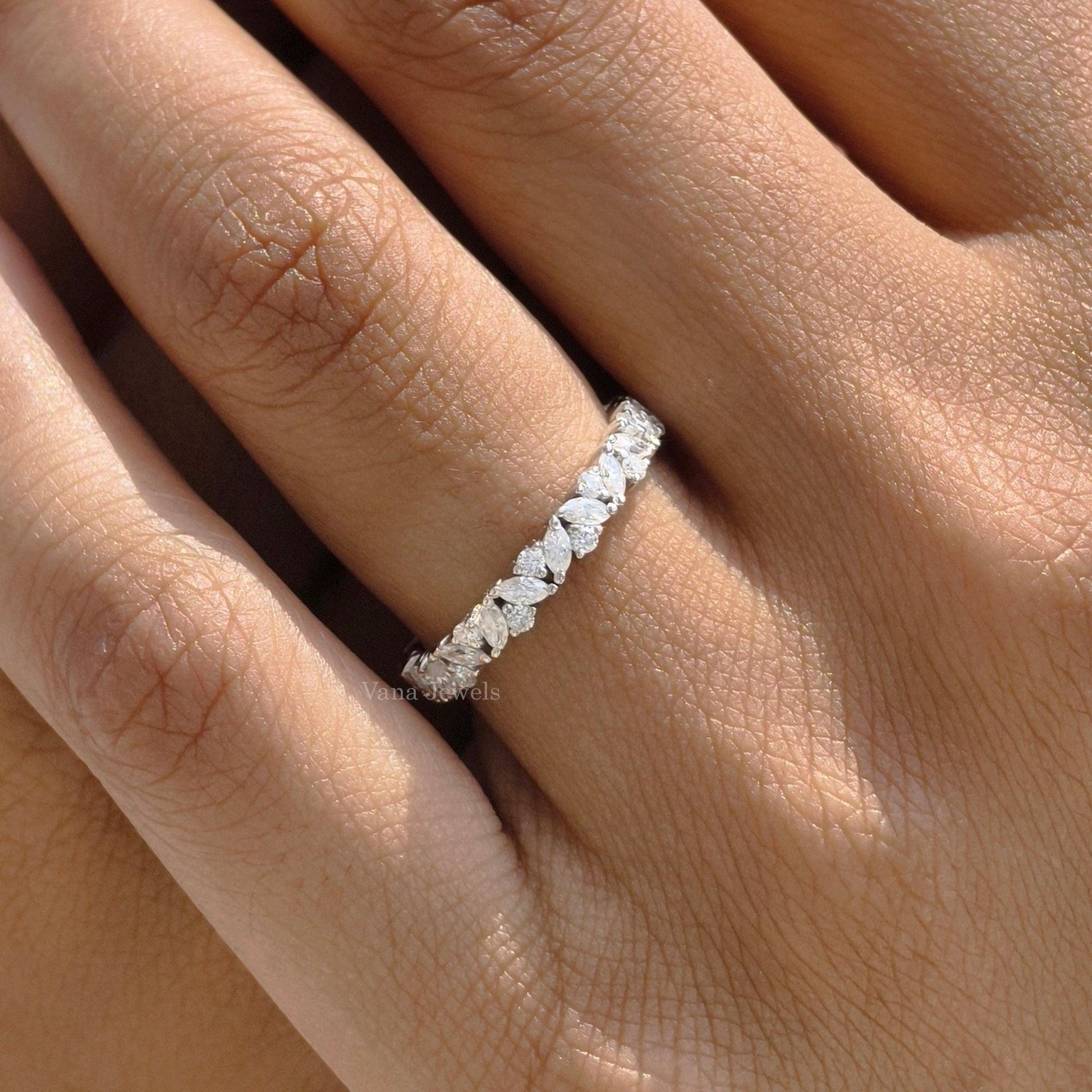 Marquise and Round Cut Moissanite Wedding Band, Full Eternity Band, Matching Band - Vana Jewels