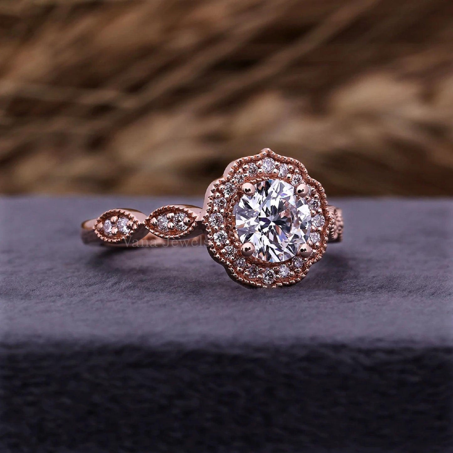 Round Hearts and Arrows Cut Diamond Ring, Unique Halo Lab Grown Diamond Engagement Ring - Vana Jewels