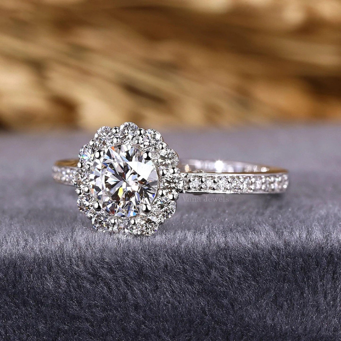 Round Brilliant Diamond Halo Engagement Ring with Pave Setting - Vana Jewels