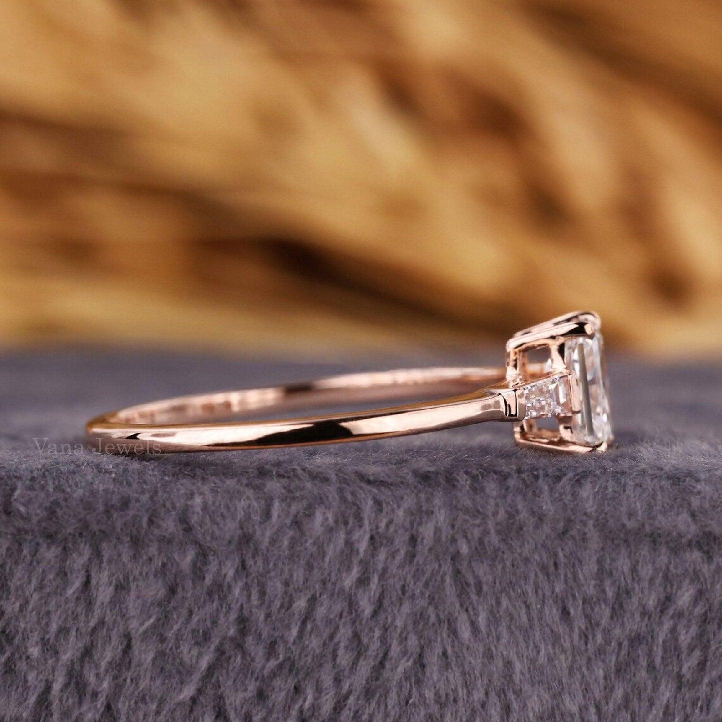 Radiant Cut Lab Grown Diamond Engagement Ring with Baguette Accents in Rose Gold - Vana Jewels