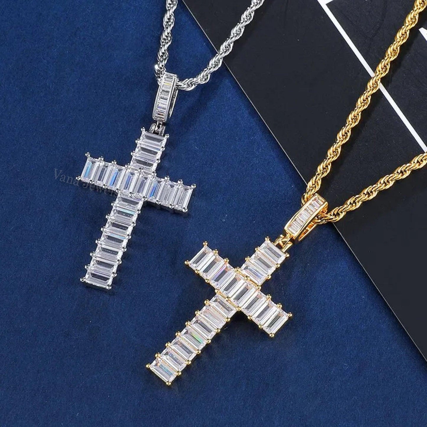 VVS Moissanite Diamond Emerald Cut Iced Out Cross Pendant - Vana Jewels