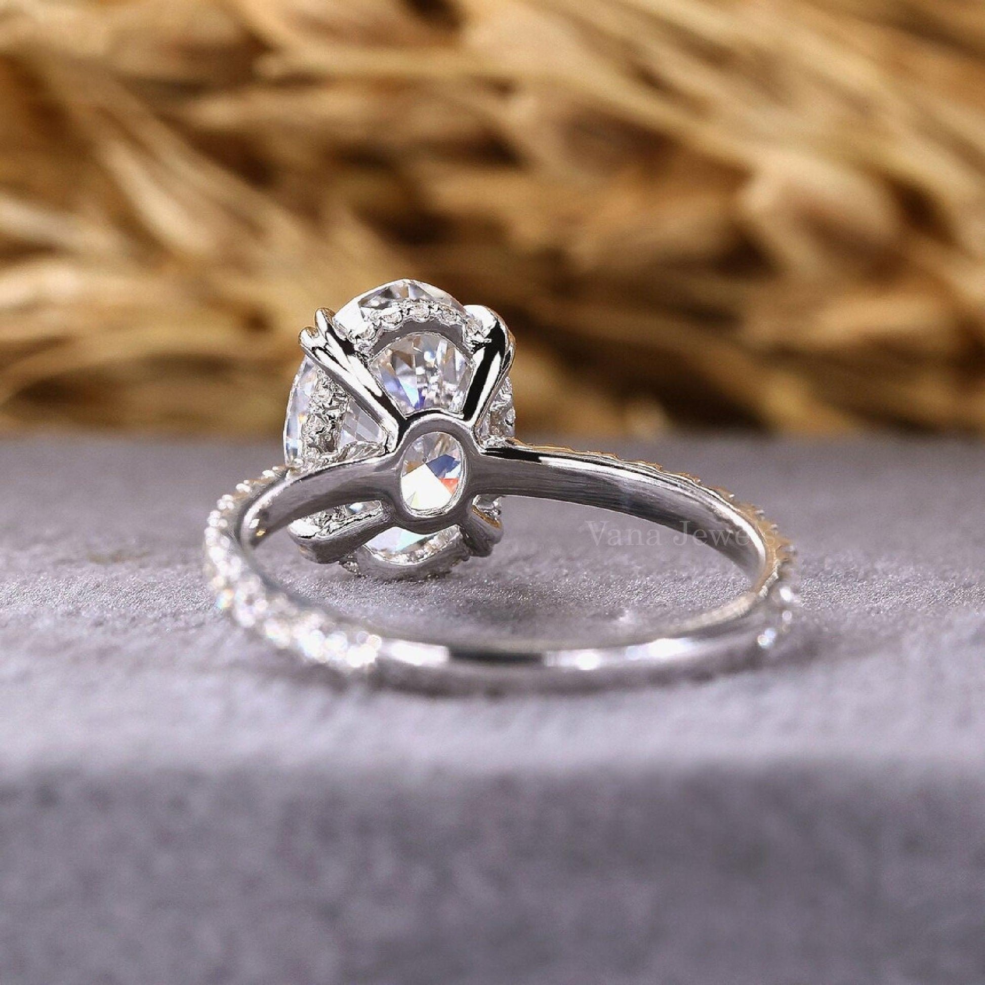 Oval Cut Hidden Halo Engagement Ring, Lab Grown Diamond Ring - Vana Jewels