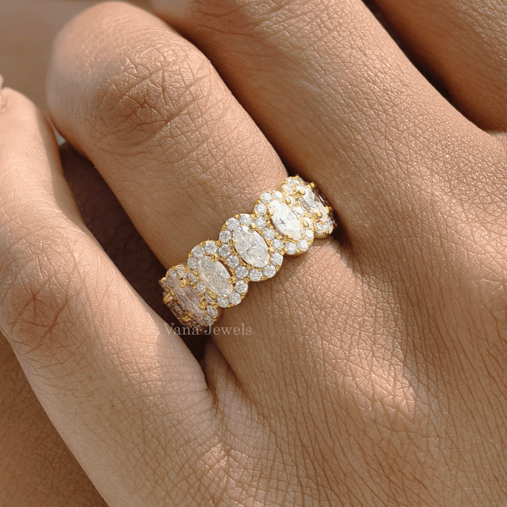 2.16 TCW Oval Cut Moissanite Seven Stone Halo Wedding Band, Half Eternity Bridesmaid Band - Vana Jewels