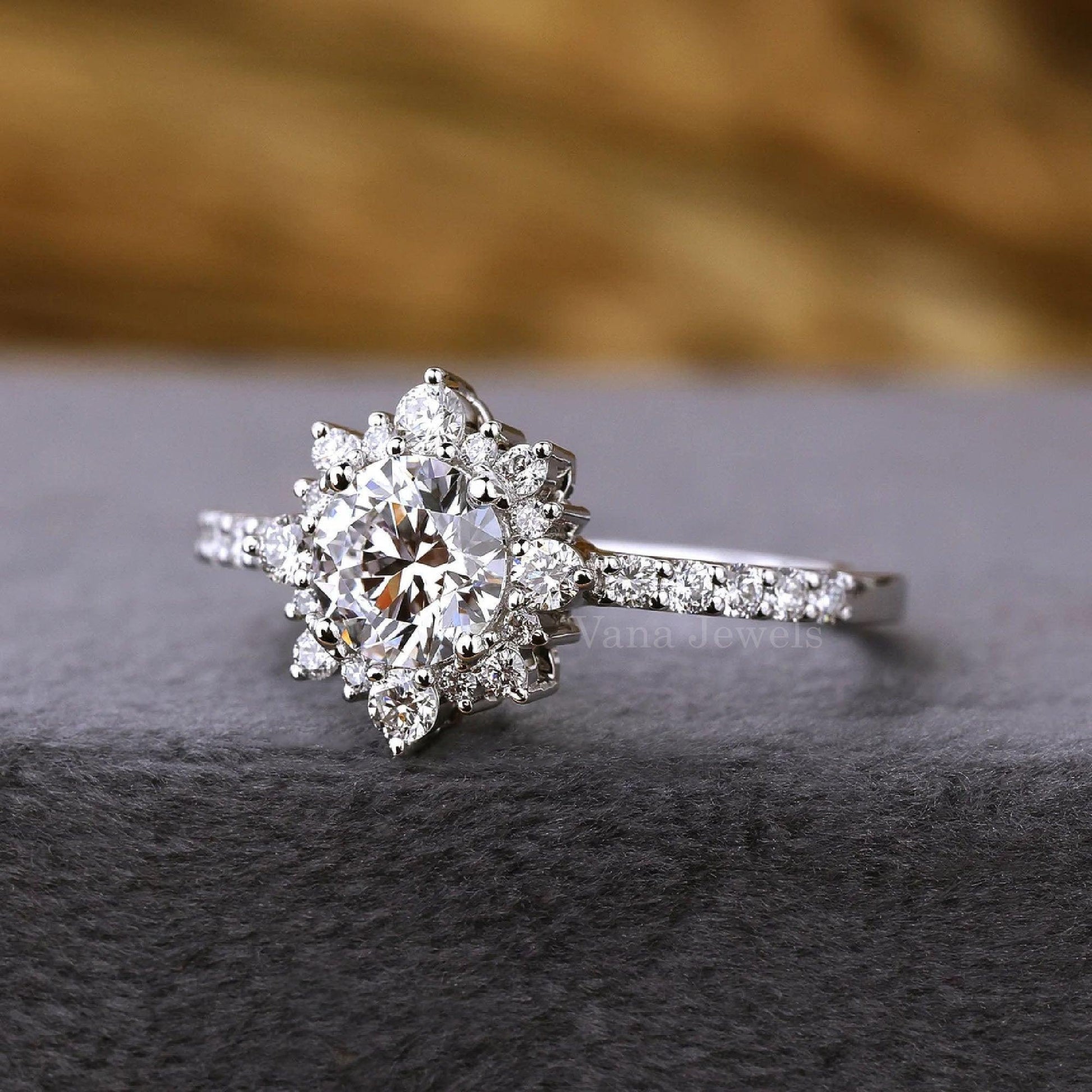 Unique Round Cut Halo Lab Grown Diamond Engagement Ring - Vana Jewels