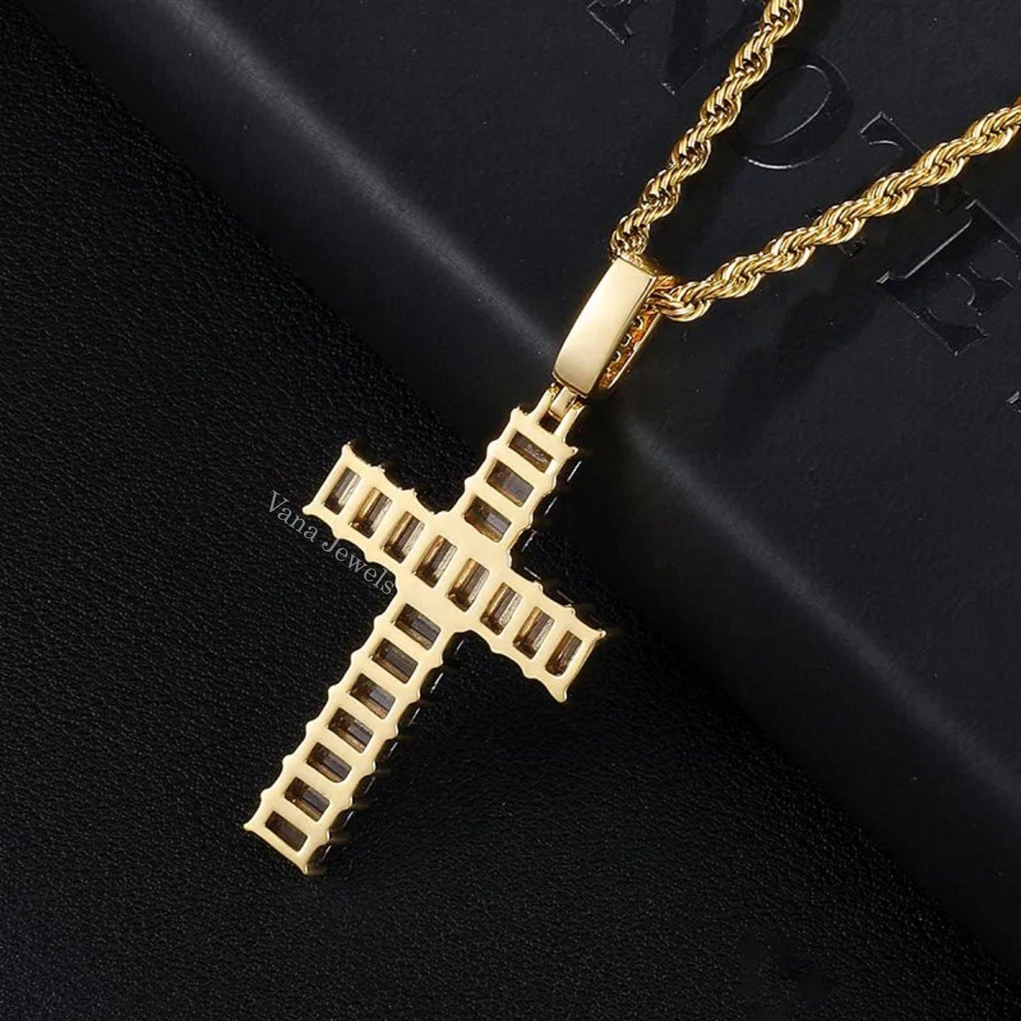 VVS Moissanite Diamond Emerald Cut Iced Out Cross Pendant - Vana Jewels