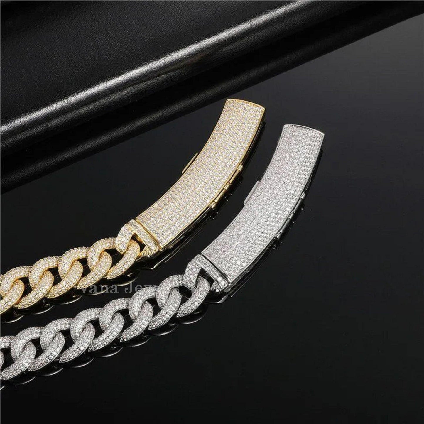 15MM Round Cut Moissanite Cuban Chain, Chain with Long Box Clasp, 925 Sterling Silver Iced Out Cuban Chain - Vana Jewels