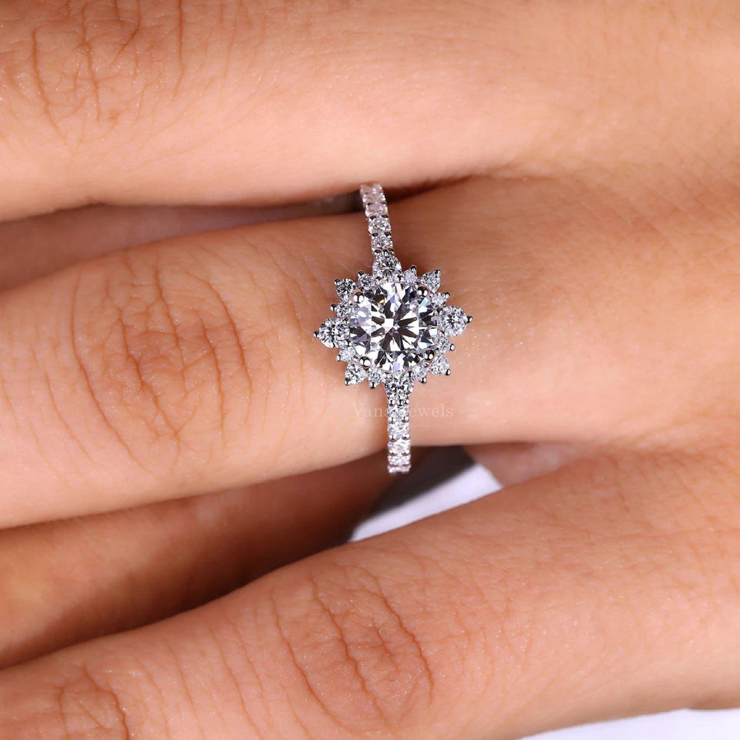 Unique Round Cut Halo Lab Grown Diamond Engagement Ring - Vana Jewels